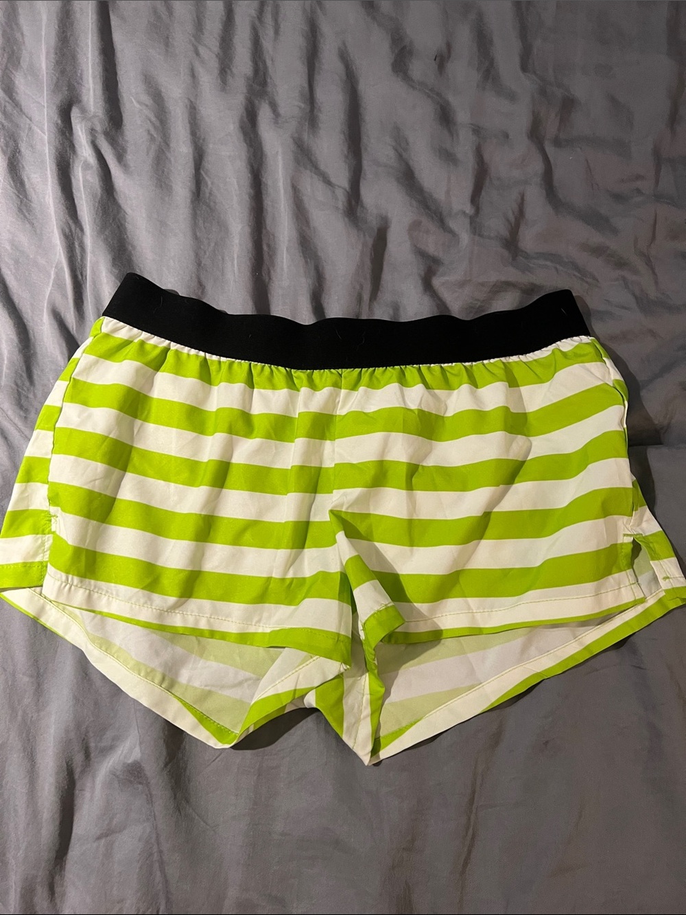 Soffe Neon Green and White Striped Athletic Shorts with Black Waistband